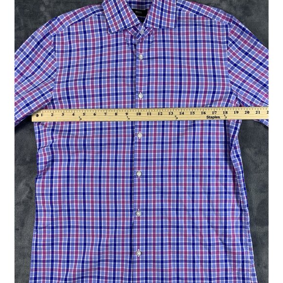 Hugo Boss Shirt Men Size 15.5 Blue Pink Plaid Button Up Sharp Fit Long Sleeve - Picture 5 of 6